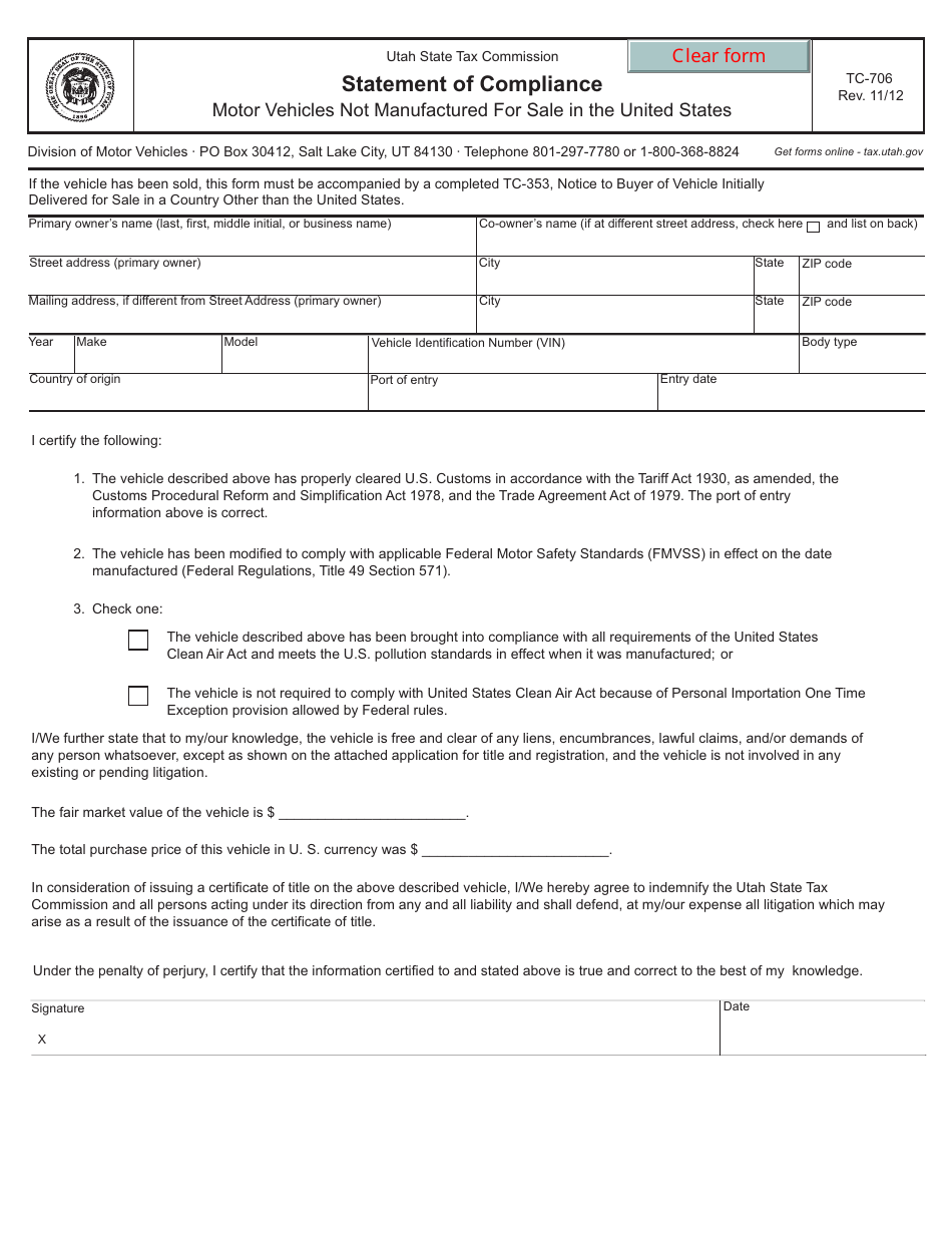 Form TC-706 Statement of Compliance, Motor Vehicles Not Manufactured for Sale in the United States - Utah, Page 1