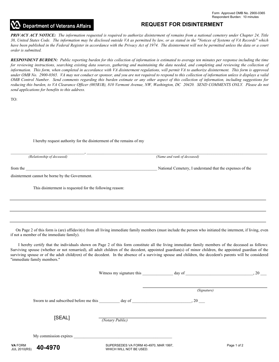 VA Form 40-4970 Request for Disinterment, Page 1