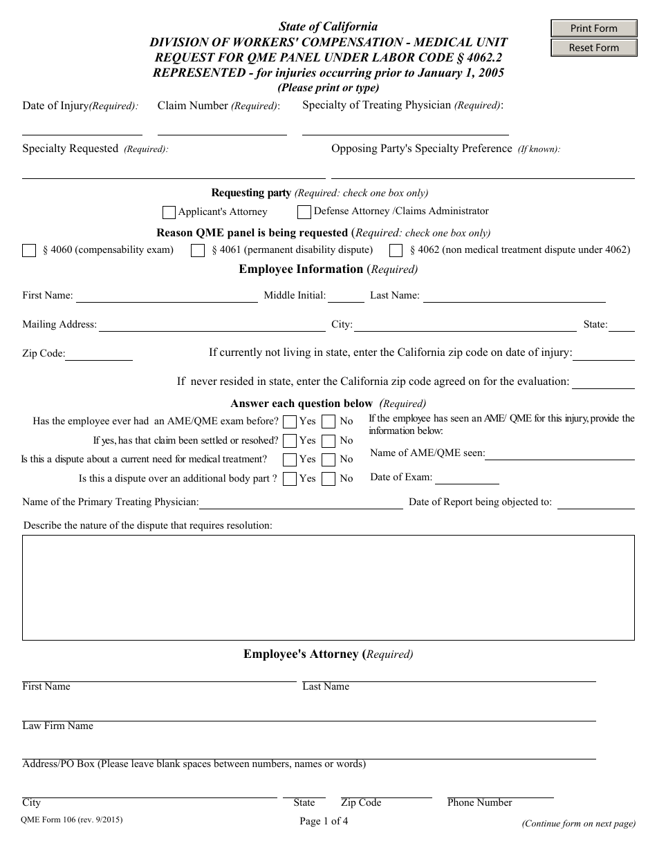 QME Form 106 Request for Qme Panel Under Labor Code Section 4062.2 - California, Page 1