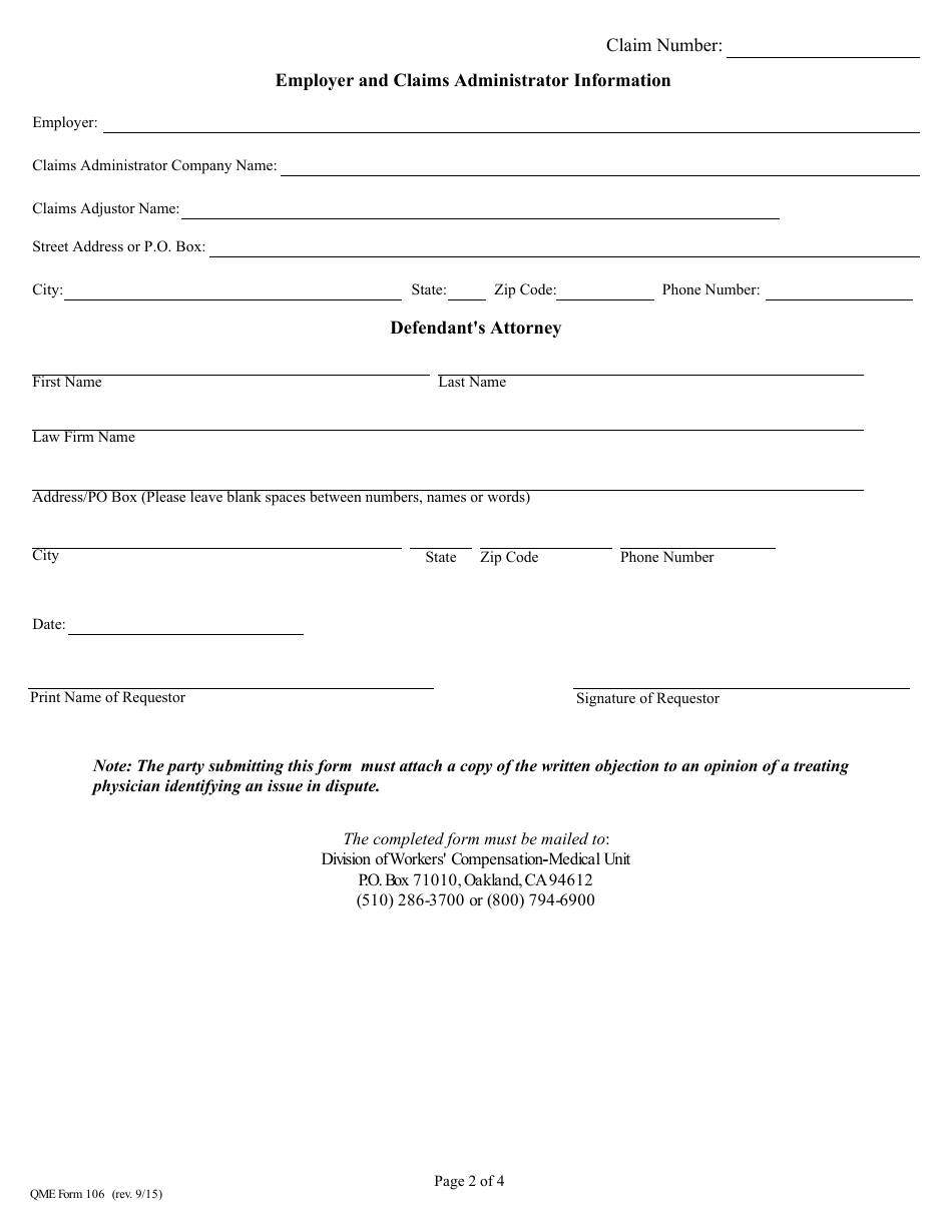 QME Form 106 Request for Qme Panel Under Labor Code Section 4062.2 - California, Page 2