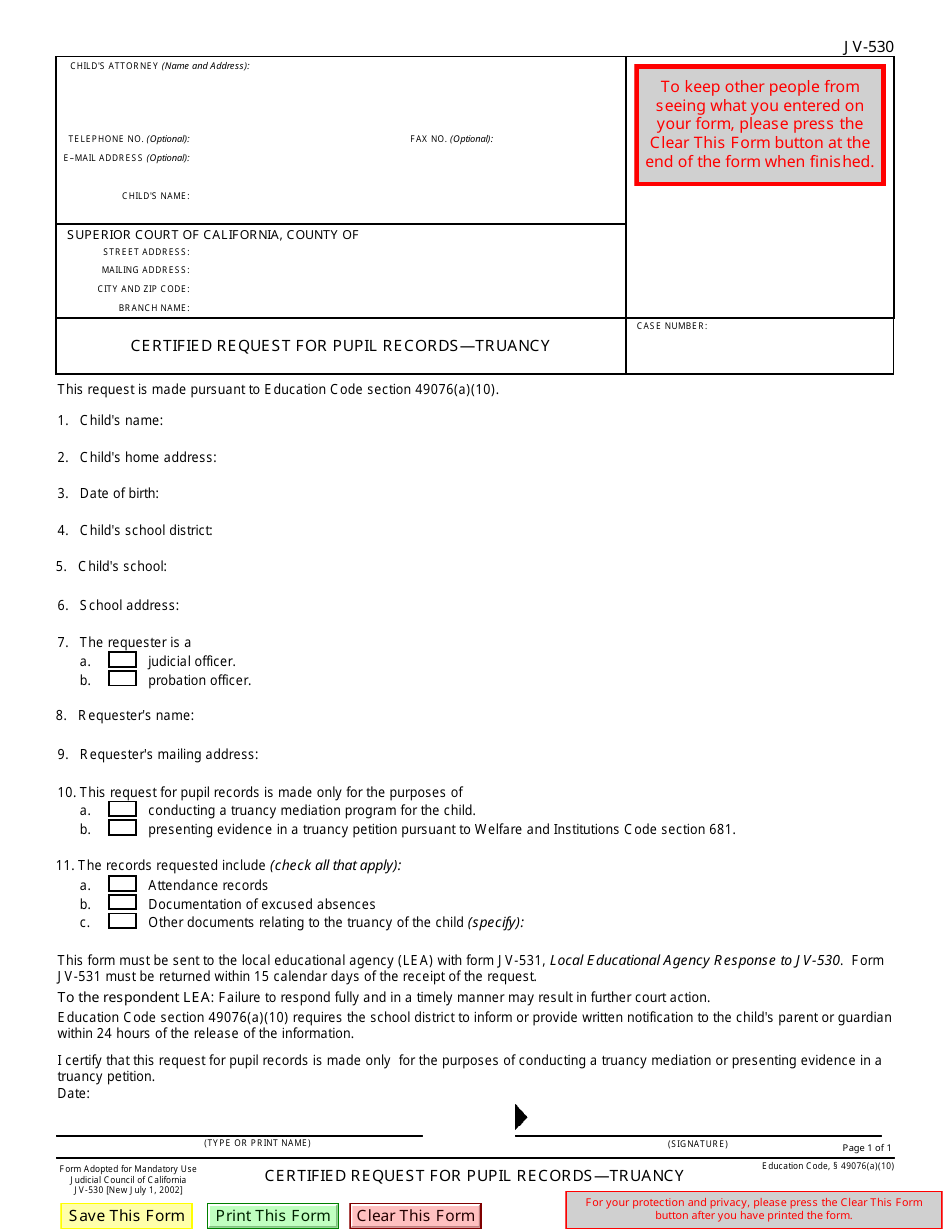 Form JV-530 Certified Request for Pupil Records - Truancy - California, Page 1