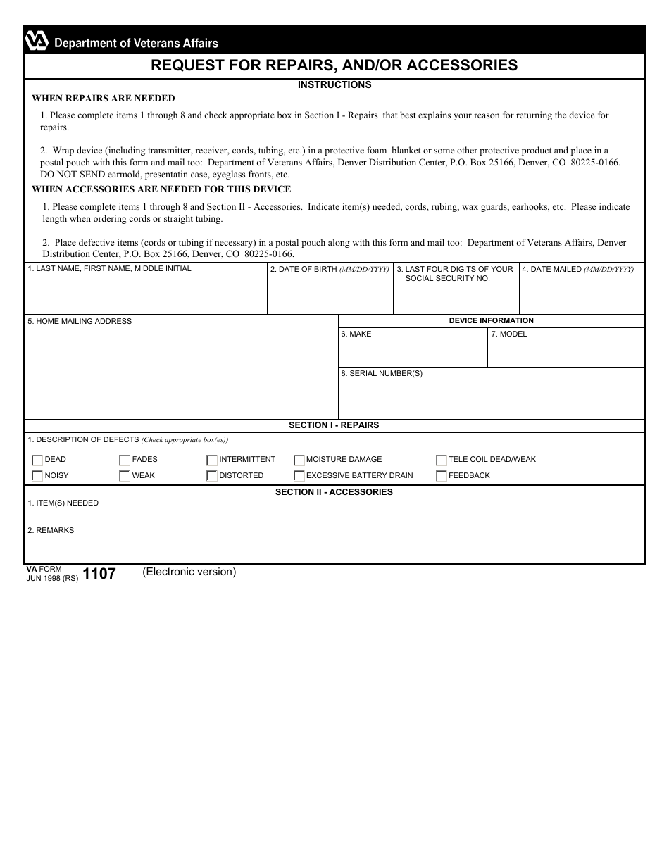 VA Form 1107 Request for Repairs, and / or Accessories, Page 1