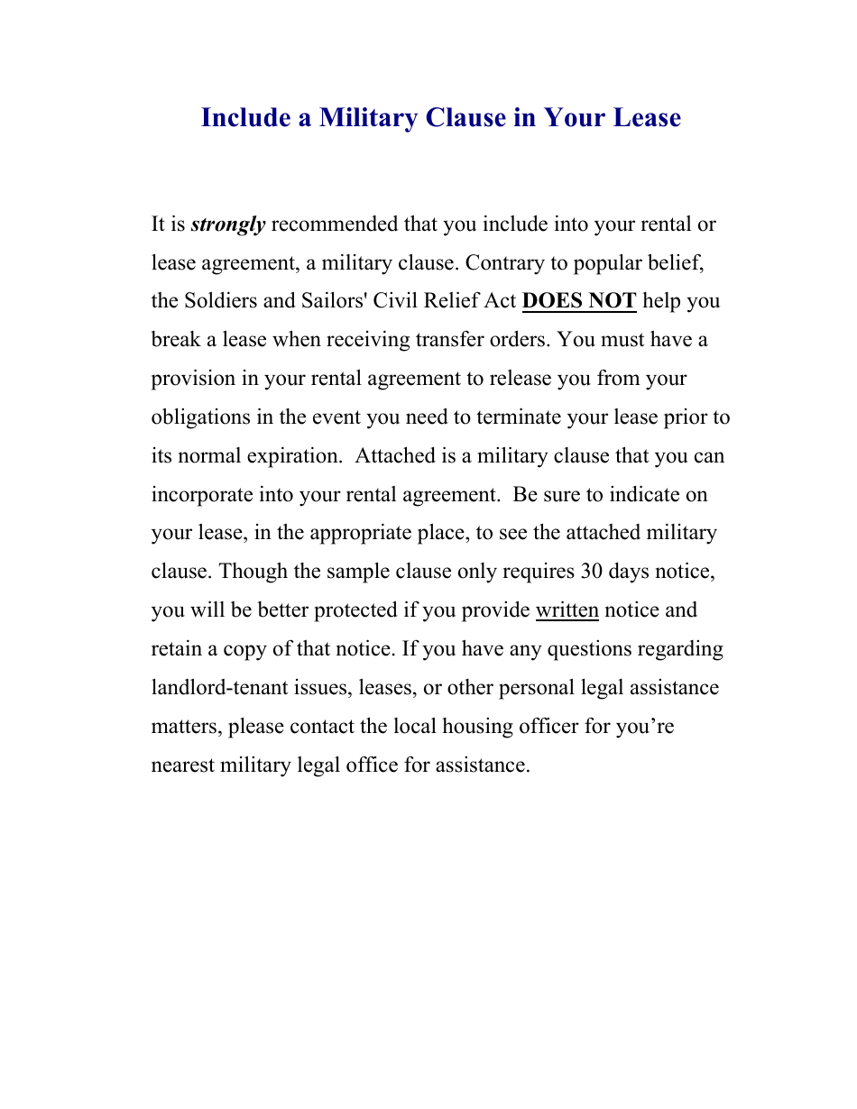 Military Clause Lease Addendum Form, Page 1