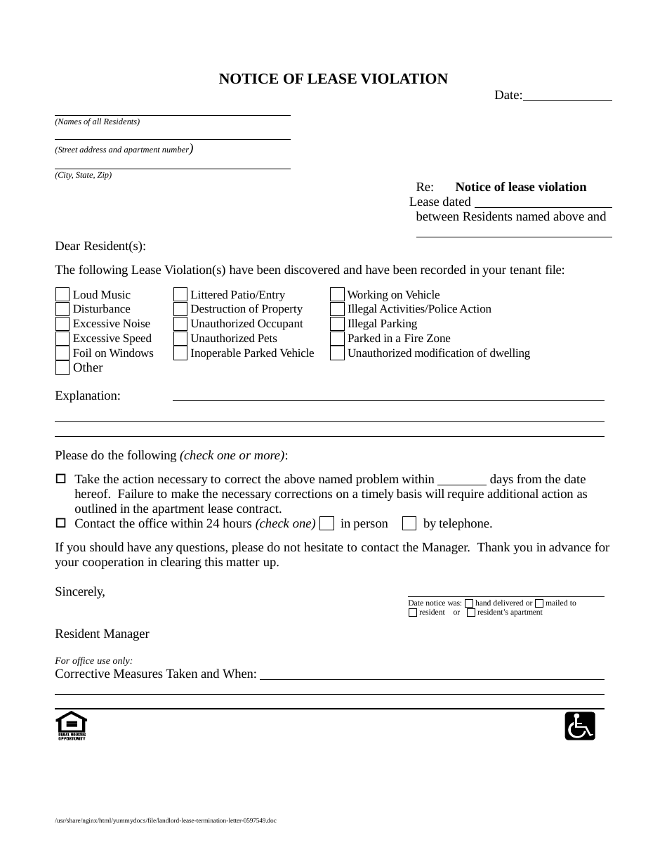 Notice of Lease Violation Form Download Printable PDF Templateroller