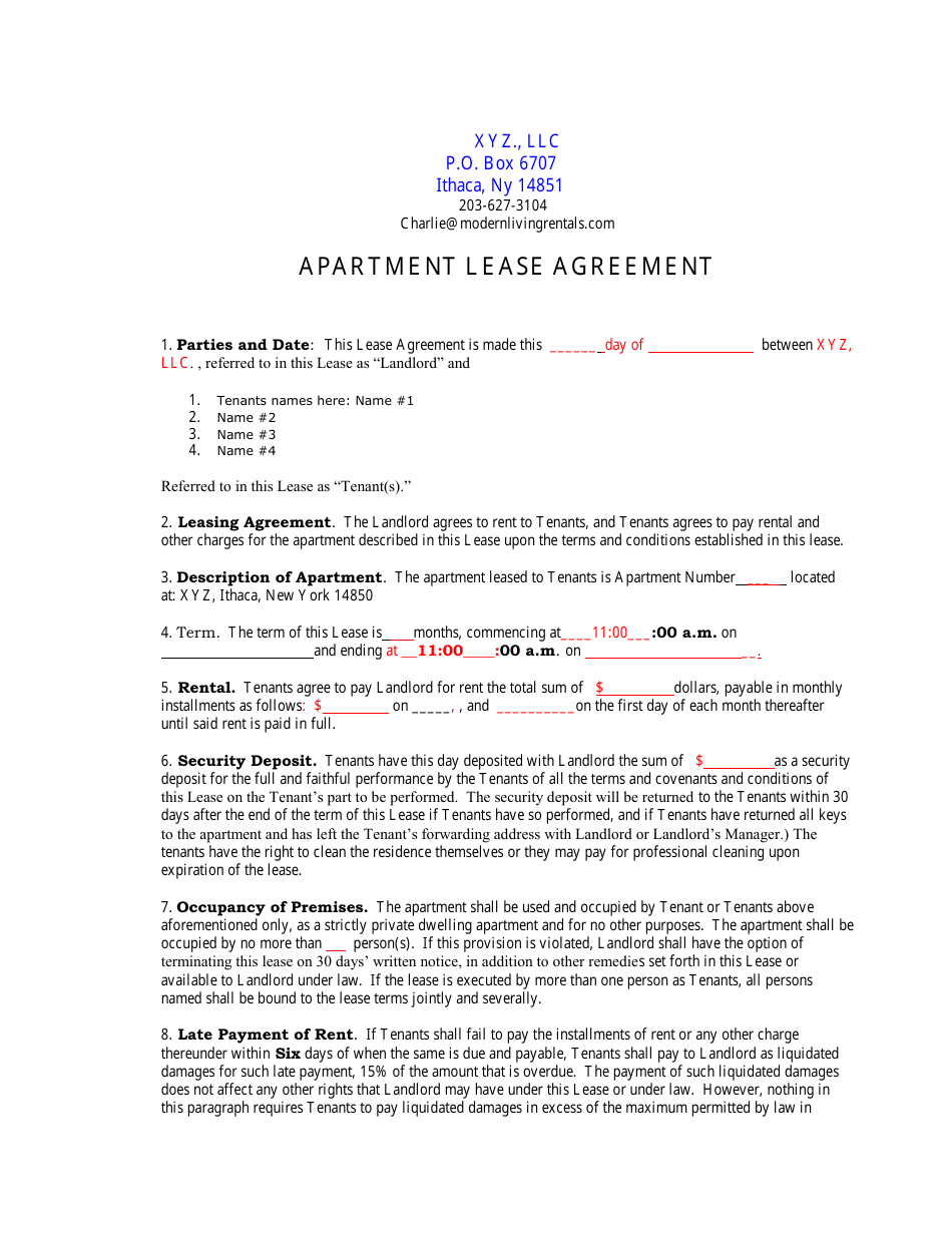 Apartment Lease Agreement Template - New York, Page 1
