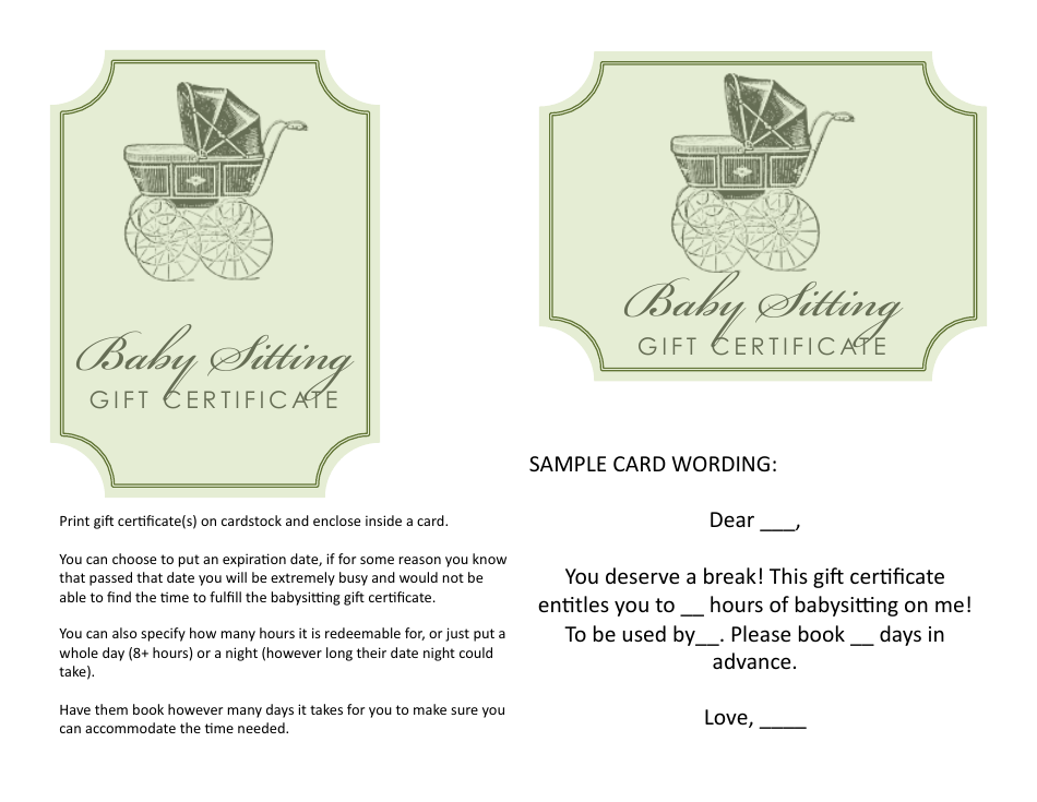 Babysitting Gift Certificate Templates Download Printable PDF