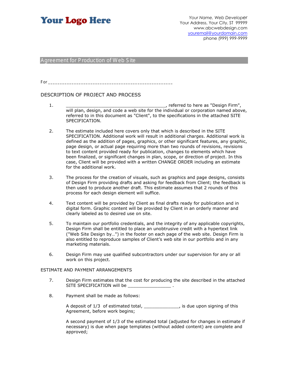 Agreement for Production of Web Site, Page 1