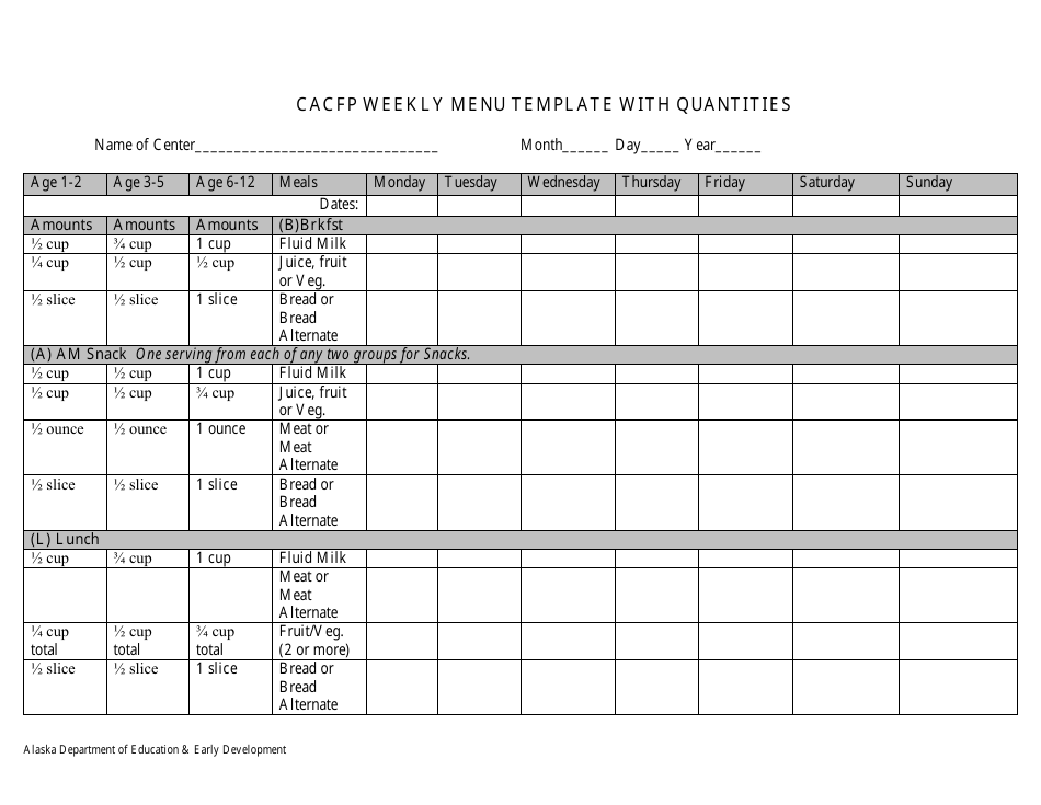 CACFP Weekly Menu Template With Quantities - Alaska, Page 1