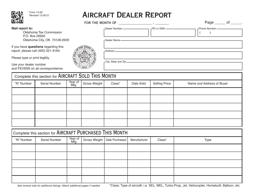 OTC Form 13-92 Aircraft Dealer Report - Oklahoma
