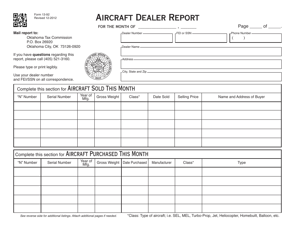 OTC Form 13-92 Aircraft Dealer Report - Oklahoma, Page 1