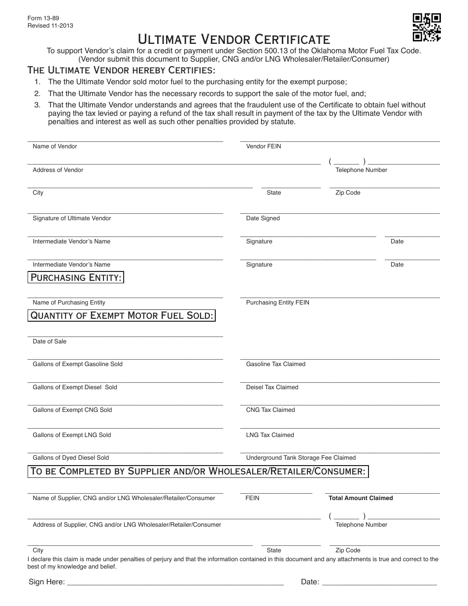 OTC Form 13-89 Ultimate Vendor Certificate - Oklahoma, Page 1