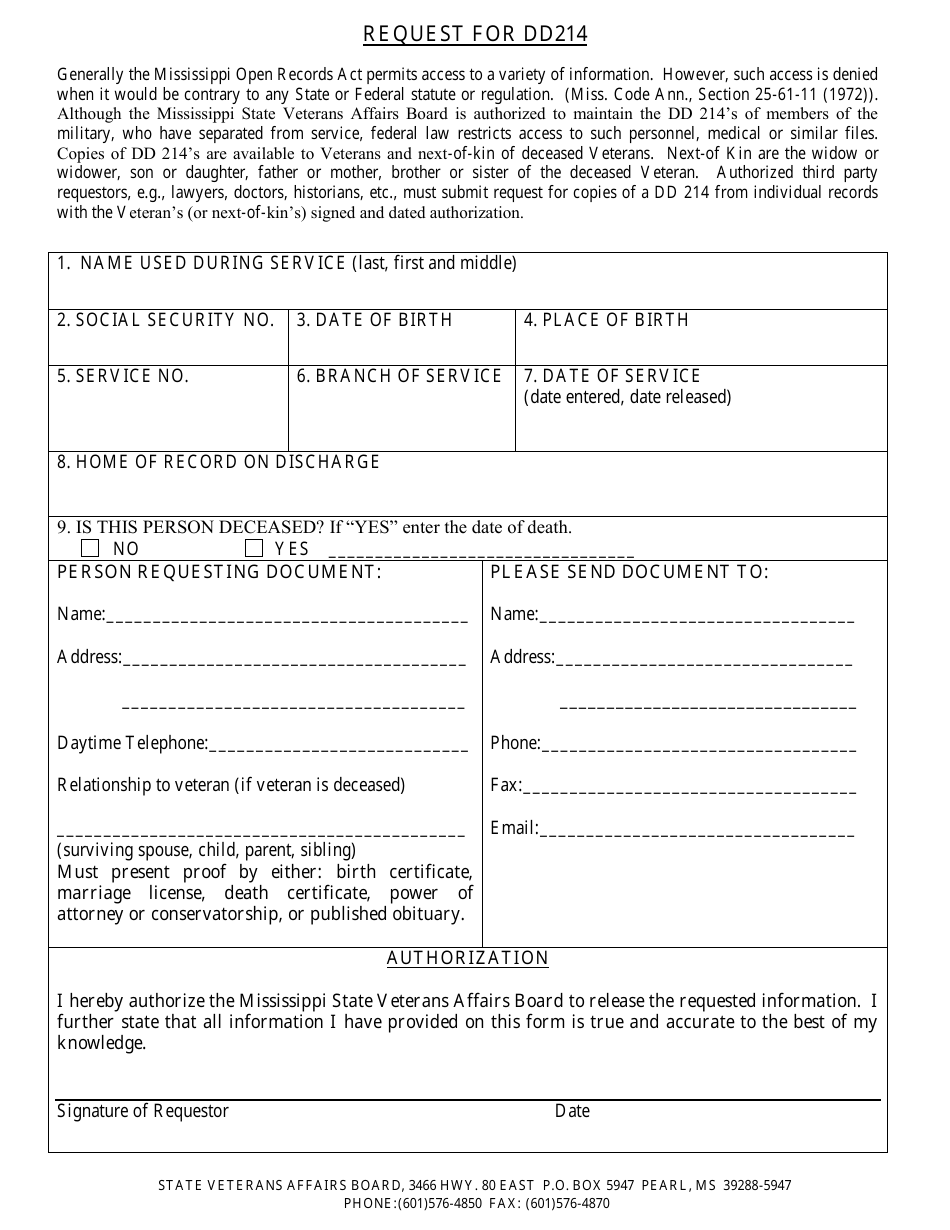 Request Form for DD 214 - Mississippi, Page 1