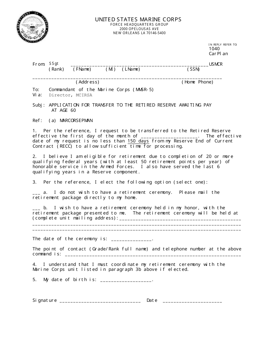 Application for Transfer to the Retired Reserve Awaiting Pay at Age 60, Page 1
