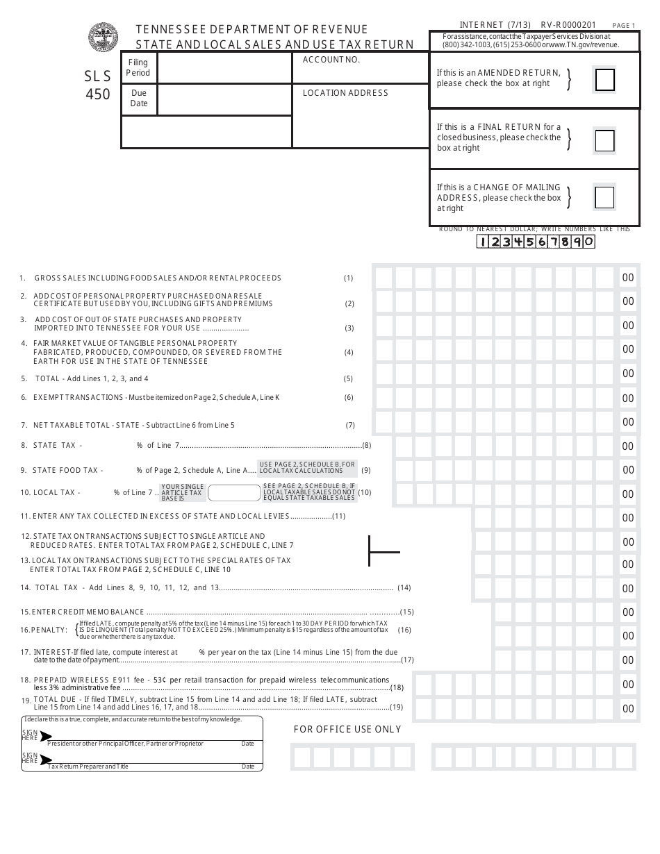 Form SLS450 State and Local Sales and Use Tax Return - Tennessee, Page 1