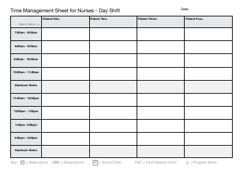 Day, Evening and Night Time Management Sheet Templates for Nurses