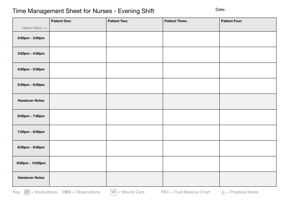 Day, Evening and Night Time Management Sheet Templates for Nurses, Page 2
