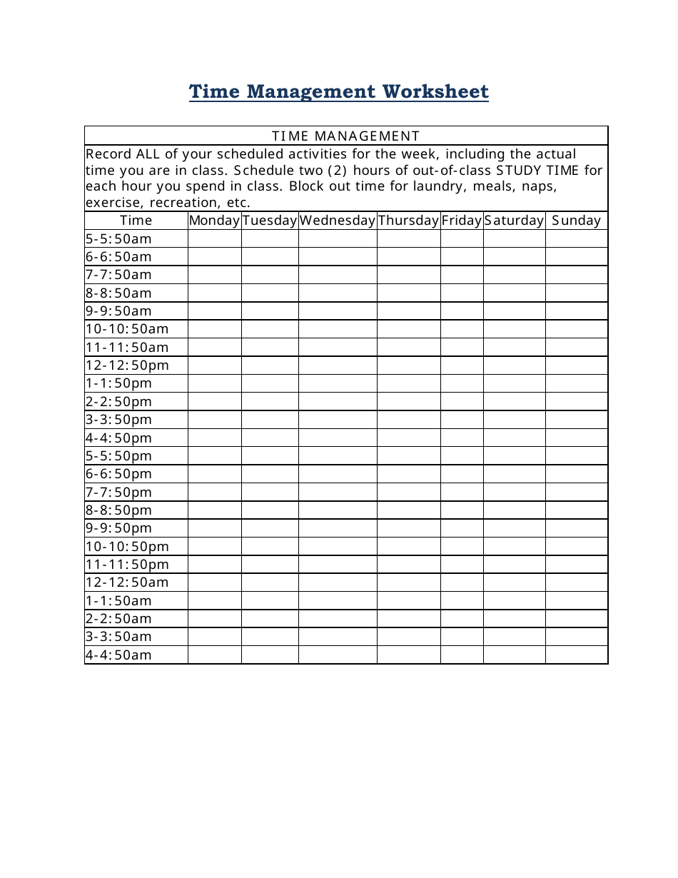 Time Management Worksheet For Students Download Printable Pdf