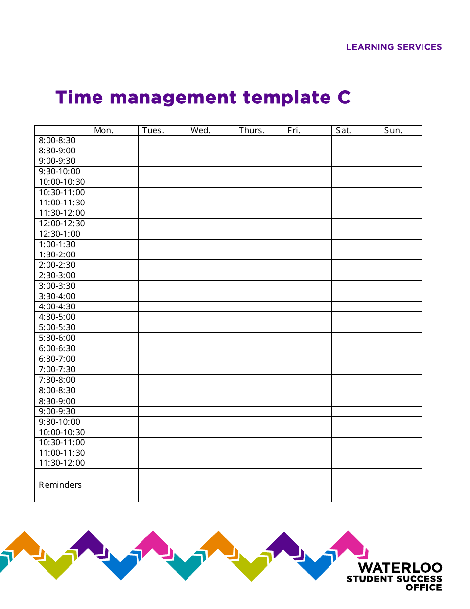 Time Management Tracking Sheet Template Waterloo Student Success Office Download Printable PDF