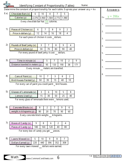 Identifying Constant Of Proportionality Tables Worksheet With Answer 