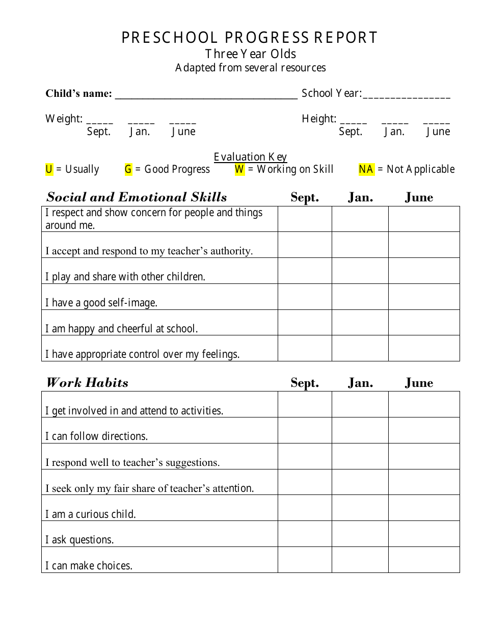 Preschool Progress Report Template - Three Year Olds, Page 1