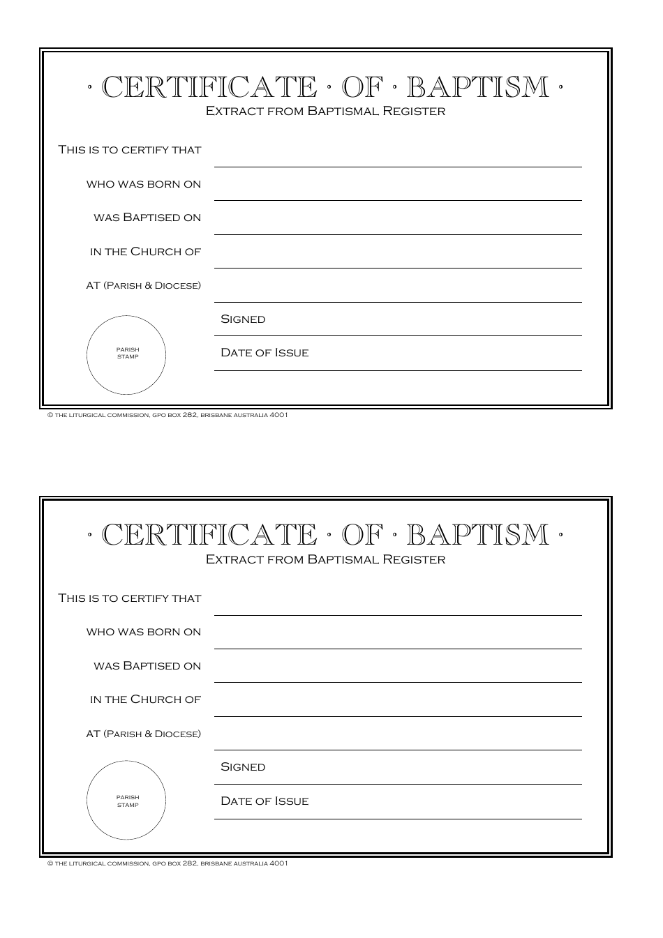 Certificate of Baptism Template - the Liturgical Commission