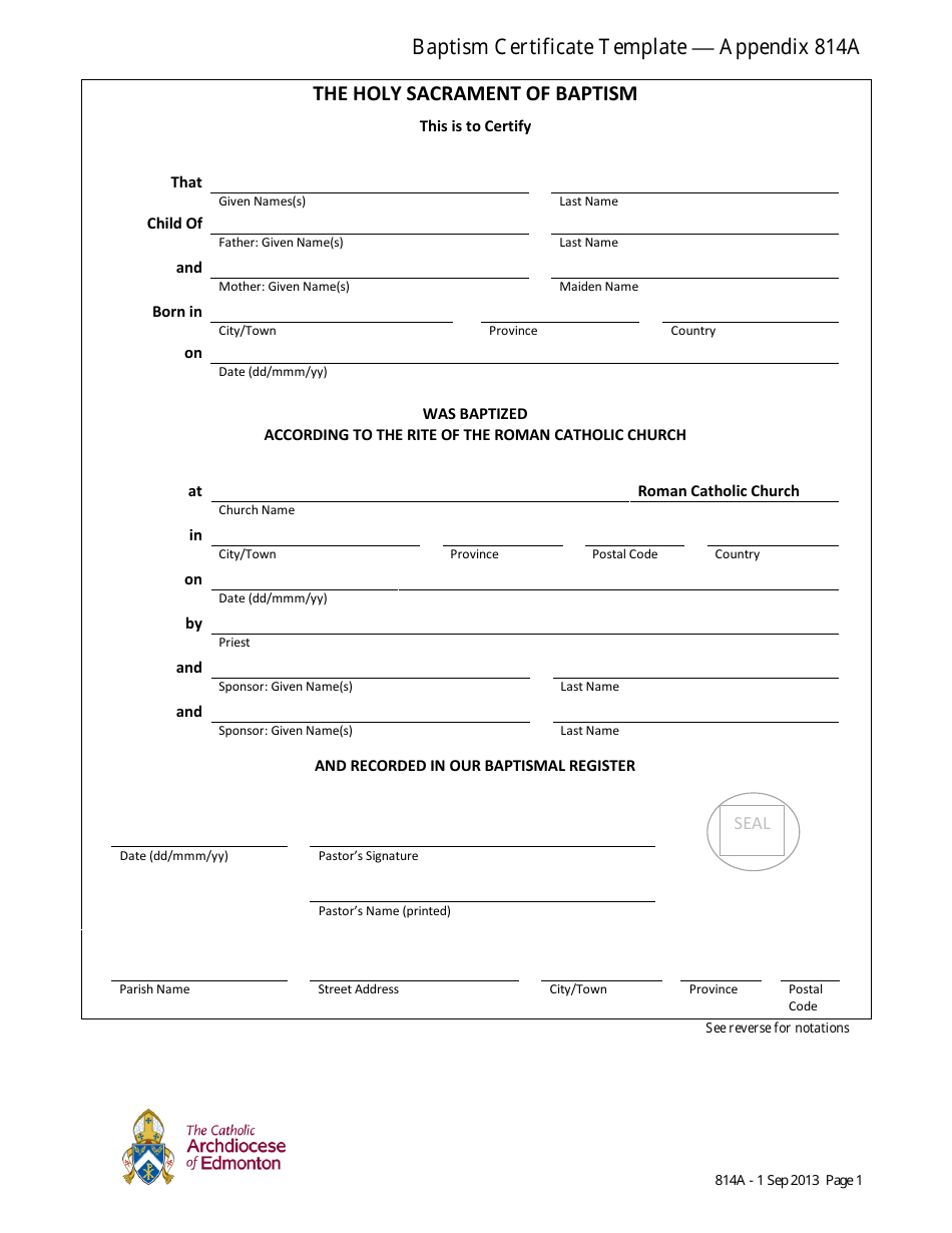 Baptism Certificate Template by the Catholic Archdiocese of Edmonton