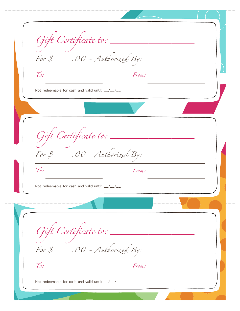 Gift Certificate Template - Pink, Blue, Orange Download Fillable PDF ...