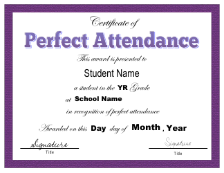 Document preview: Perfect Attendance Certificate Template - Violet