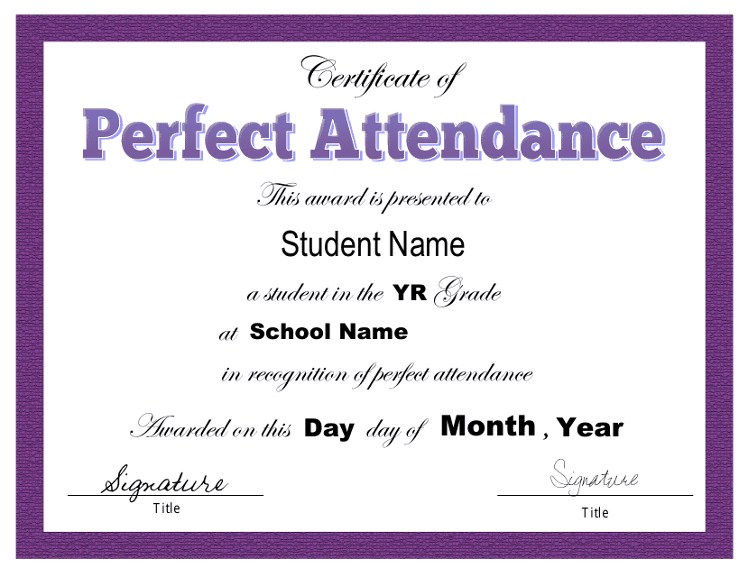 Perfect Attendance Certificate Template - Violet