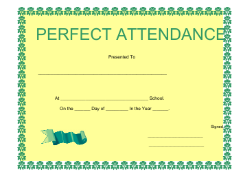 Document preview: Perfect Attendance Certificate Template - Yellow