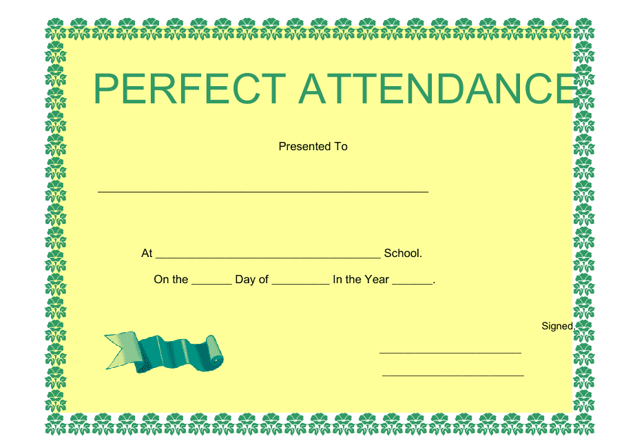 Perfect Attendance Certificate Template - Yellow