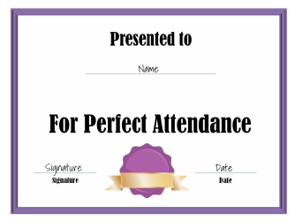 Document preview: Perfect Attendance Certificate Template - White and Violet