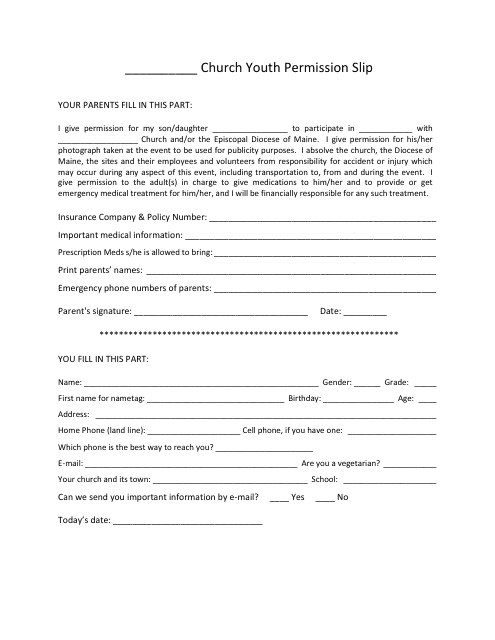 Church Youth Permission Slip Template - Episcopal Diocese of Maine - Maine