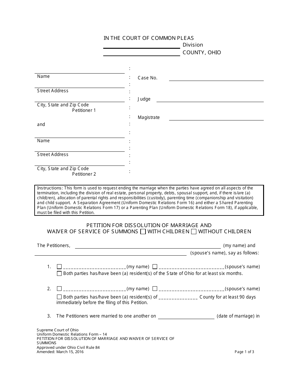 Uniform Domestic Relations Form 14 Petition for Dissolution of Marriage and Waiver of Service of Summons - Ohio, Page 1