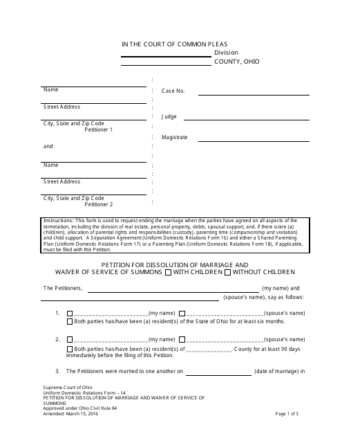 Uniform Domestic Relations Form 14  Printable Pdf