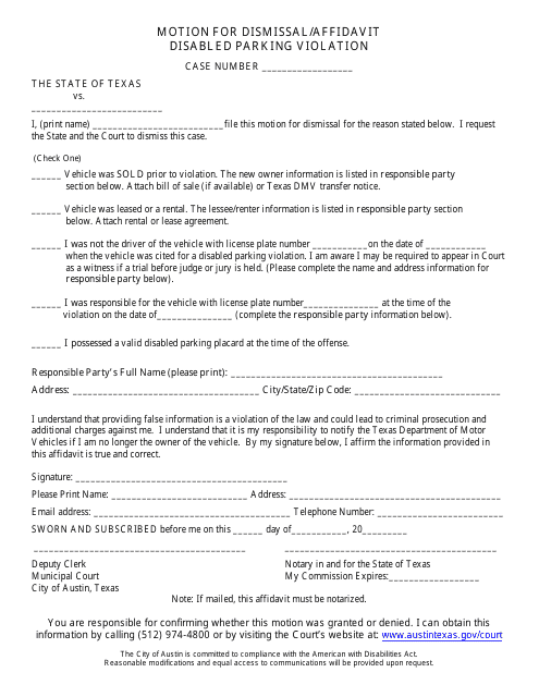 Form CITY OF AUSTIN Motion for Dismissal/Affidavit Disabled Parking Violation - Texas