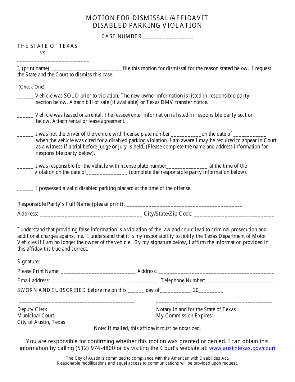 Form CITY OF AUSTIN Motion for Dismissal / Affidavit Disabled Parking Violation - Texas, Page 1