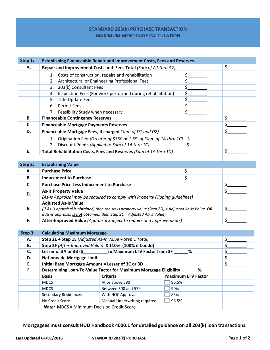 Standard 203(K) Purchase Transaction Maximum Mortgage Calculation Form, Page 1
