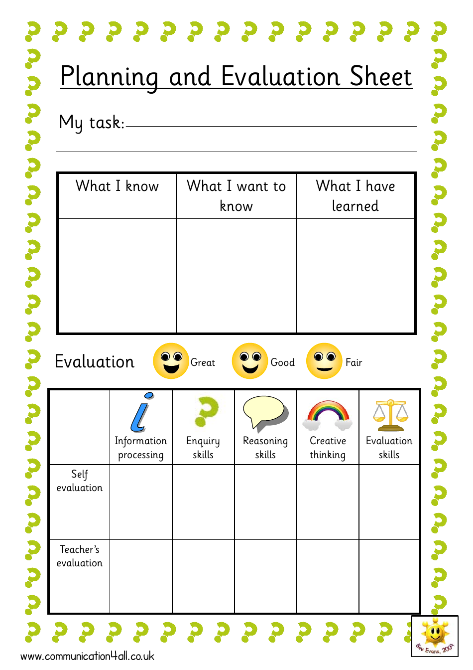 A Planning and Evaluation Sheet icon featuring a clipboard and a checklist document