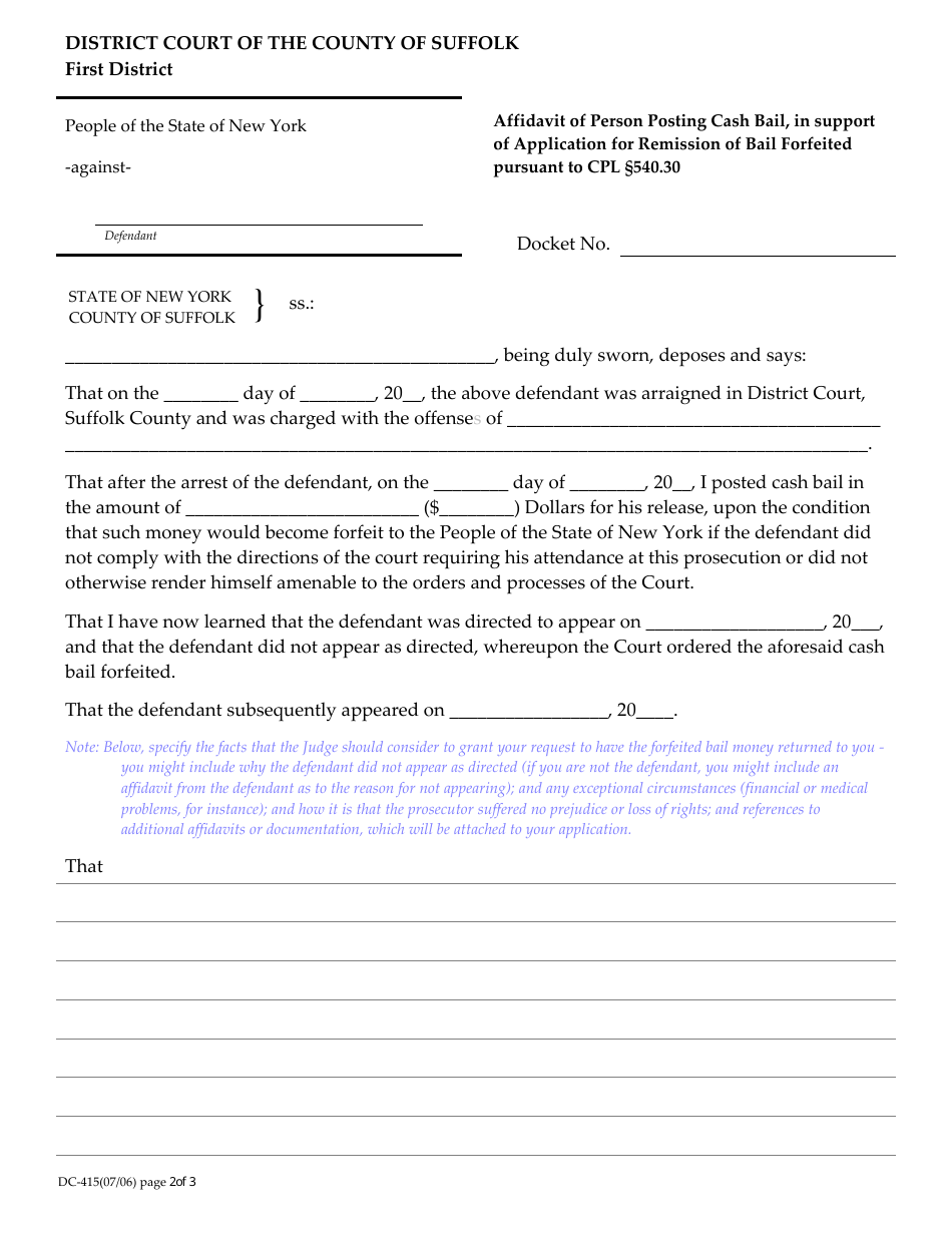 Form DC-415 Notice of Application and Motion for Remission of Bail Forfeited Pursuant to Cpl 540.30 - Suffolk County, New York, Page 2