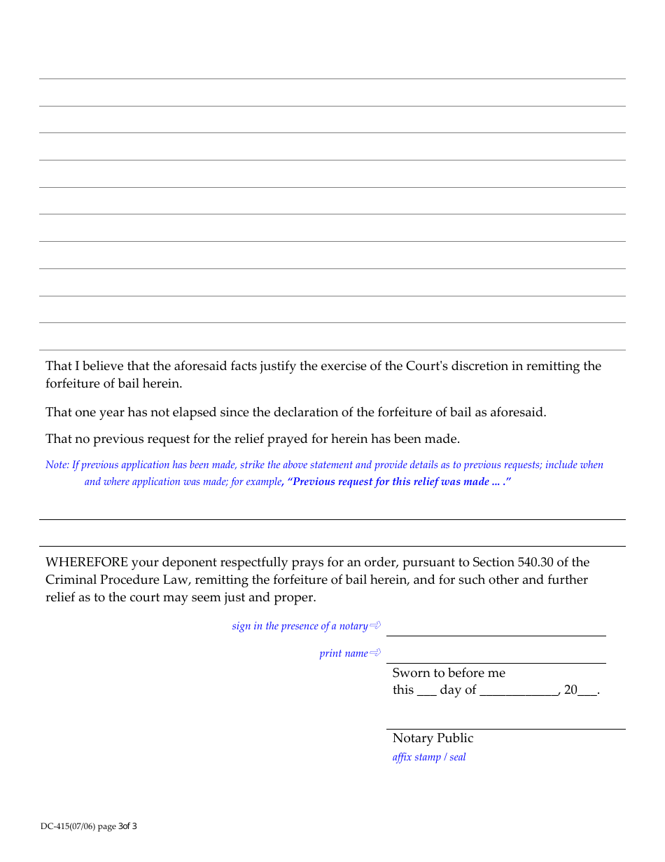 Form DC-415 Notice of Application and Motion for Remission of Bail Forfeited Pursuant to Cpl 540.30 - Suffolk County, New York, Page 3