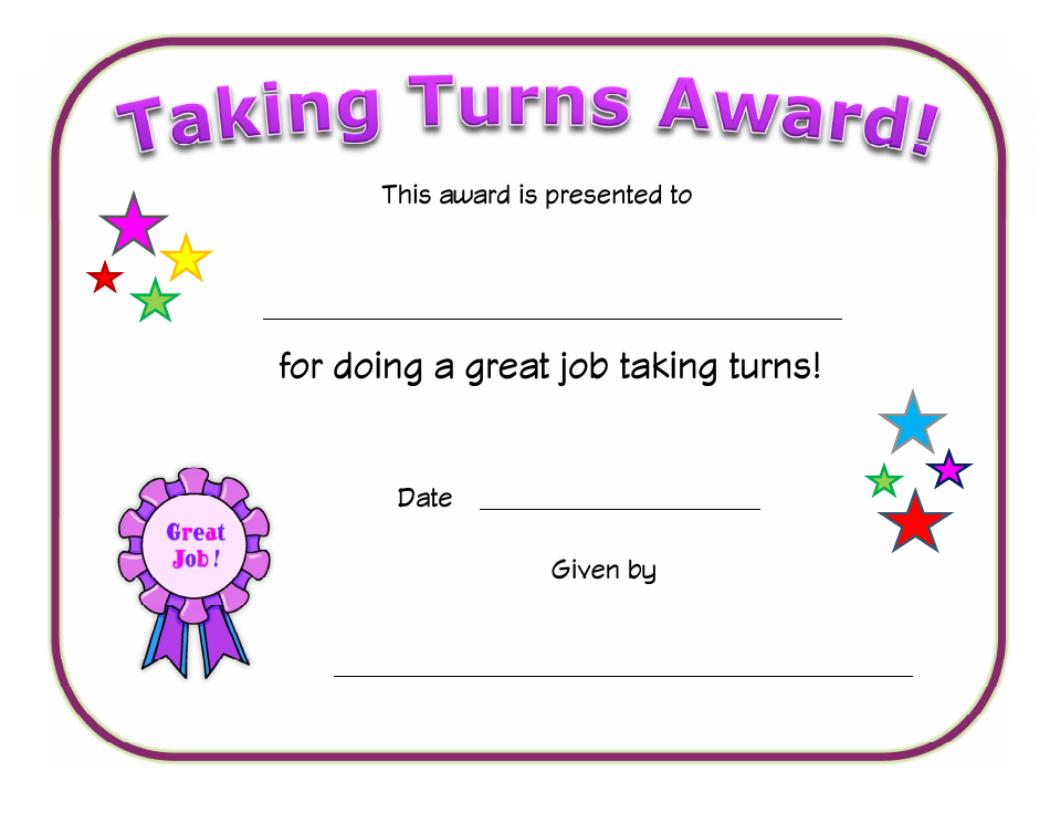 Taking Turns Award Certificate Template - A customizable template for recognizing individuals for their fair participation.