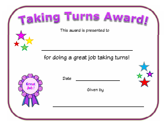 Document preview: Taking Turns Award Certificate Template