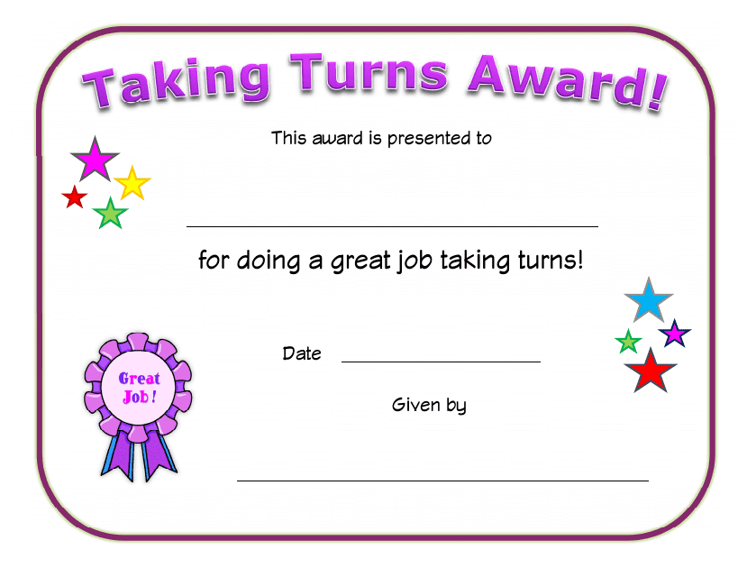 Taking Turns Award Certificate Template - A customizable template for recognizing individuals for their fair participation.
