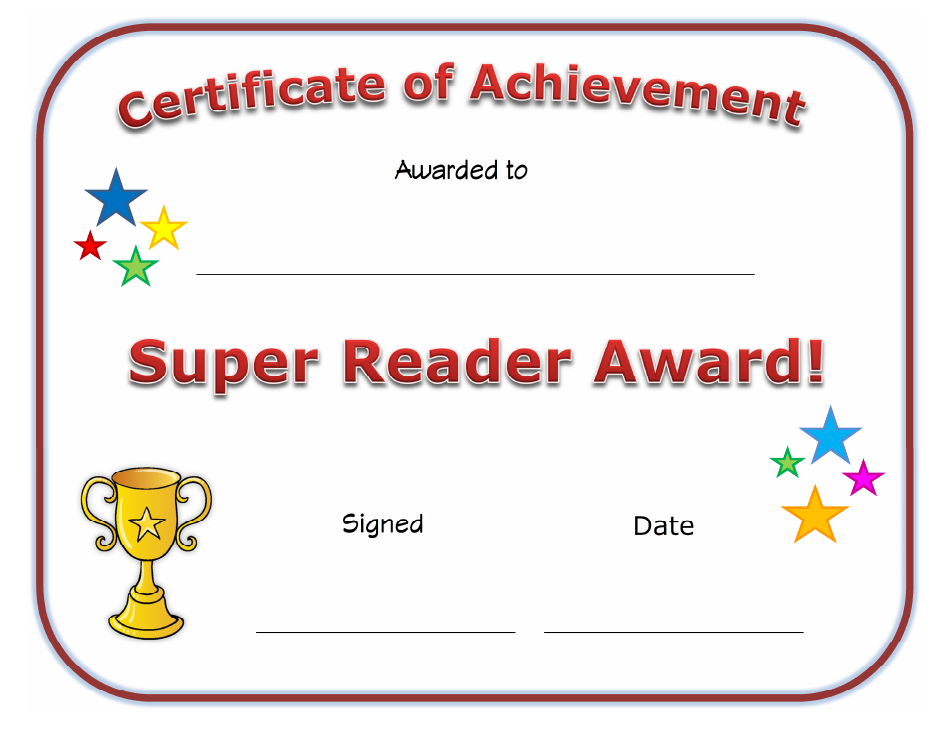 Super Reader Award Certificate Template with Cup