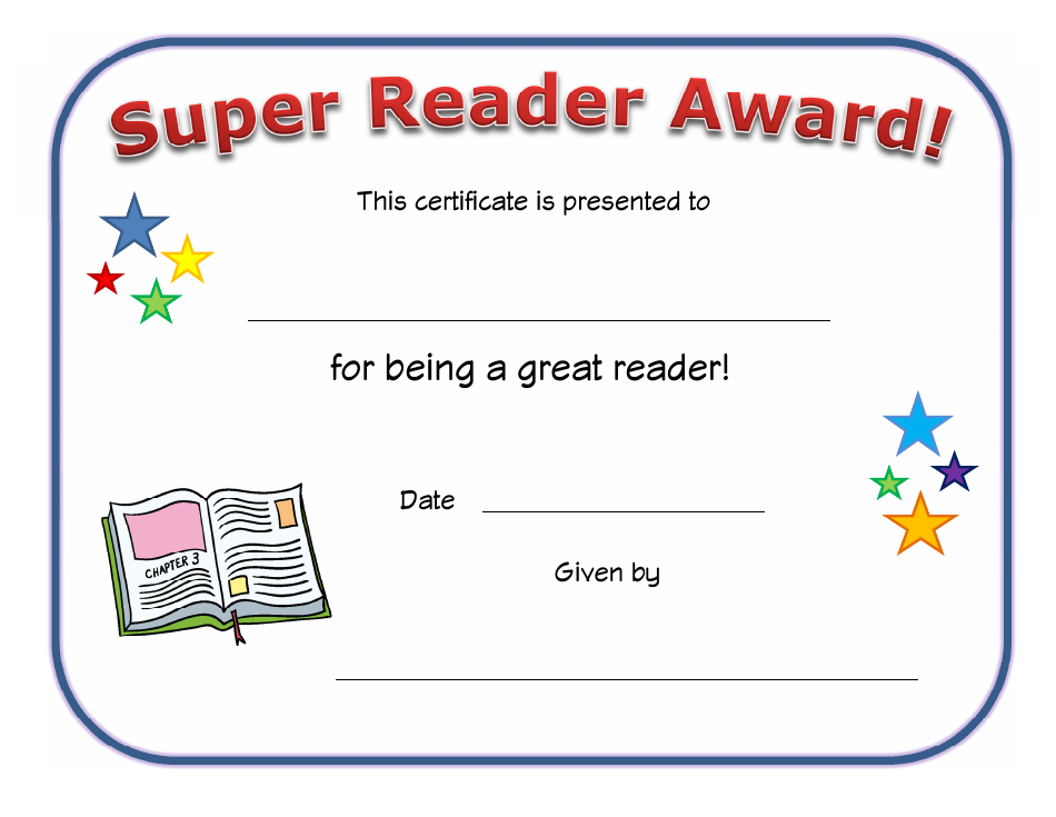 Super Reader Award Certificate Template - Book