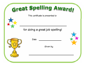 Document preview: Great Spelling Award Certificate Template