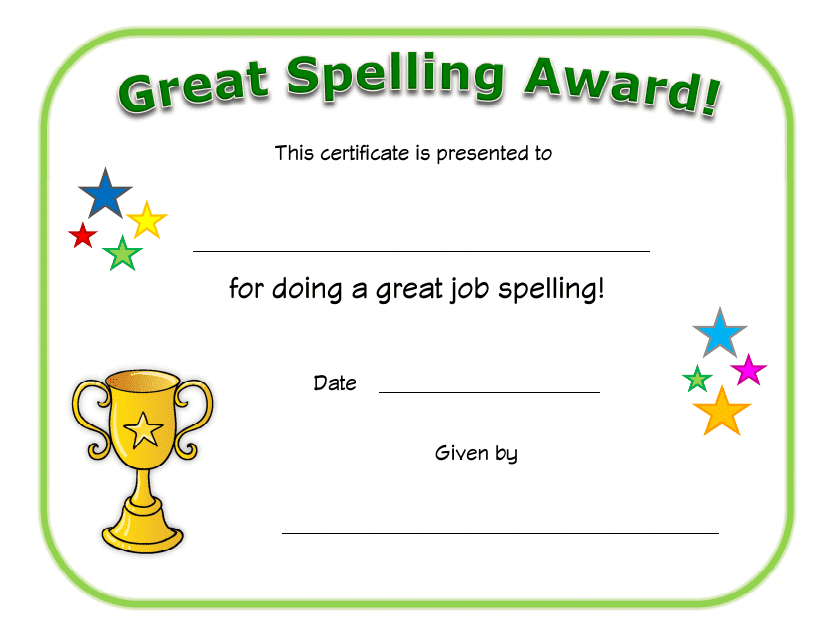 Great Spelling Award Certificate Template Preview