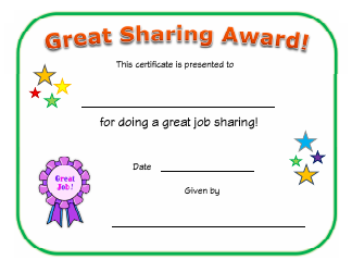 Document preview: Great Sharing Award Certificate Template