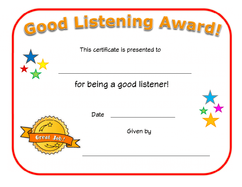 &quot;Good Listening Award Certificate Template&quot; Download Pdf